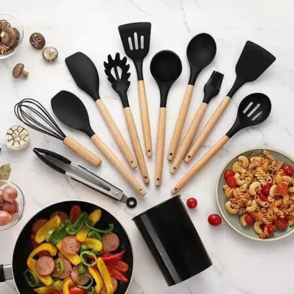 Kit Utensílios Cozinha 12 Peças Silicone Antiaderente (PRET