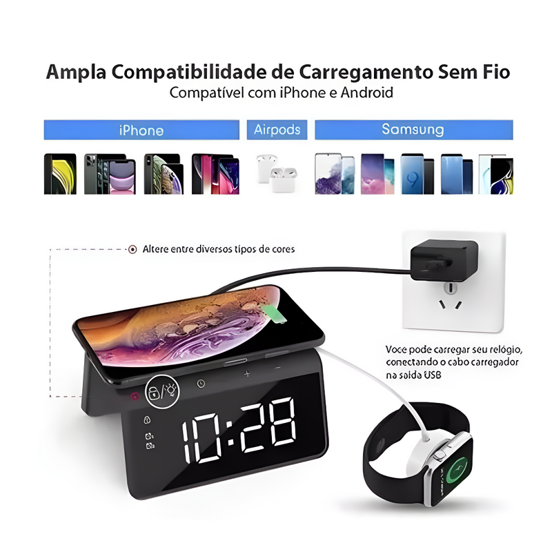 : Carregador Indução + Relógio Despertador (PRETO)