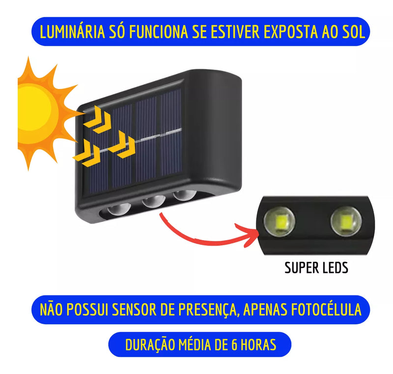 Arandela solar 6 leds jardim escadas muros prova dágua