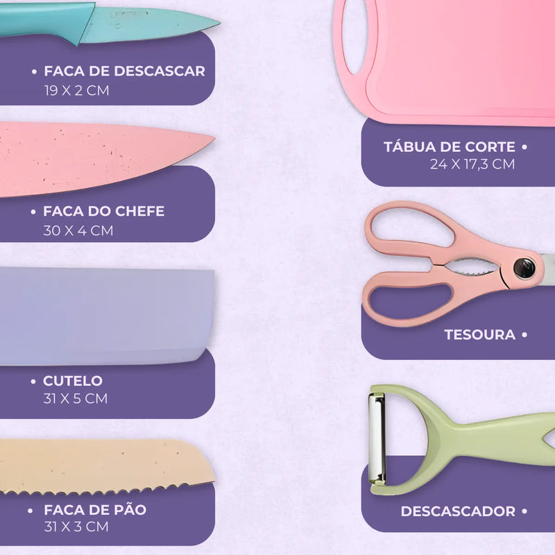 Conjunto de Facas 7 Peças Aço Inoxidável Colorido Multifunc