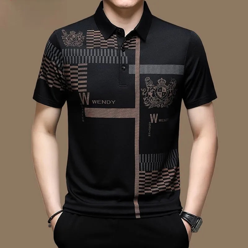 Moda Masculina 2023 Camisa polo de manga curta , tops estampados com botão, roupas soltas, moda casual de negócios, verão