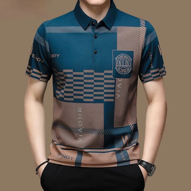 Moda Masculina 2023 Camisa polo de manga curta , tops estampados com botão, roupas soltas, moda casual de negócios, verão