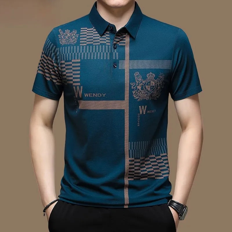 Moda Masculina 2023 Camisa polo de manga curta , tops estampados com botão, roupas soltas, moda casual de negócios, verão