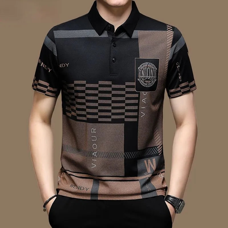 Moda Masculina 2023 Camisa polo de manga curta , tops estampados com botão, roupas soltas, moda casual de negócios, verão