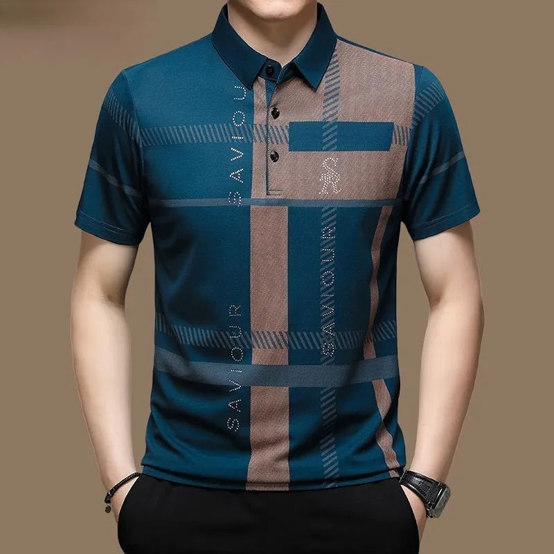 Moda Masculina 2023 Camisa polo de manga curta , tops estampados com botão, roupas soltas, moda casual de negócios, verão