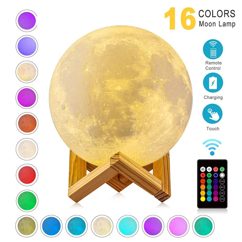 ZK20 LED Night Light 3D Print Moon Lamp 16 cores recarregável mudança de luz toque remoto LED luz da lua presente