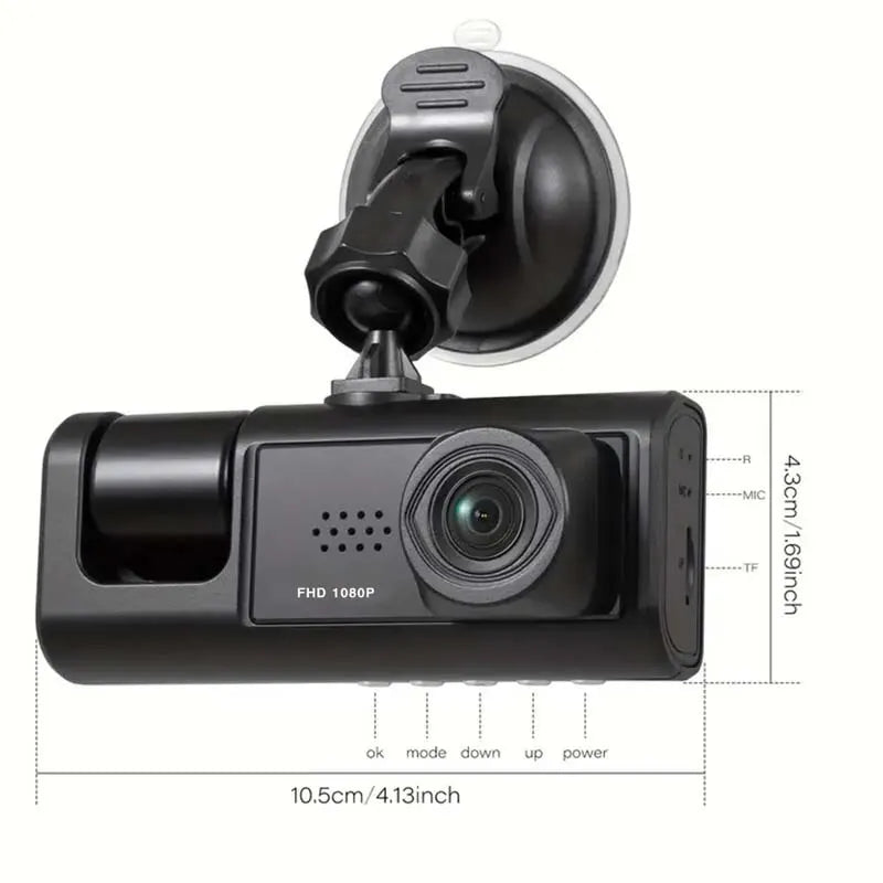 Dash Cam com gravação em loop de visão noturna IR e tela IPS de 2 "1080P 3 câmeras