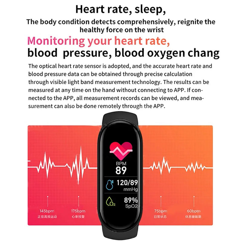 M6 Relógio Inteligente Homens Mulheres Fitness Pulseira Inteligente Banda Esportiva Monitor de Frequência Cardíaca Pressão Arterial Relógios Multifuncionais À Prova D'Água