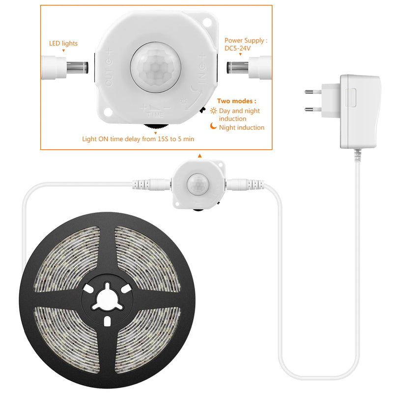 Sensor de movimento led sob a luz da noite da cama da luz do armário 1m-5m tira conduzida lâmpada do sensor da noite com 110v-220v ao adaptador de alimentação 12v