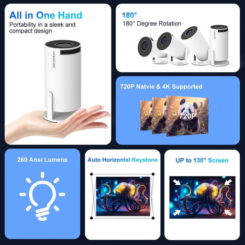 Projetor Magcubic Android 11 4K 1280*720P HY300 Dual Wifi 260ANSI 180°flexível BT5.0 Cinema Outdoor Projetor Portátil HY300 Pro