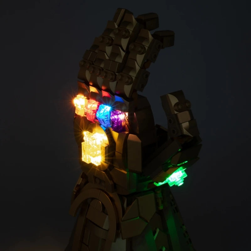 Manopla do infinito com luz led, tijolos compatíveis com thanos, luva para a mão direita com pedras, brinquedos de construção para meninos, presentes