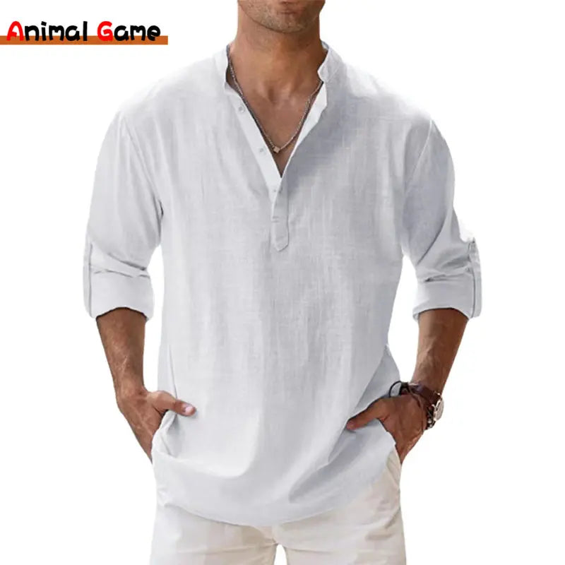 Novas camisas de linho de algodão para homens camisas casuais leves manga longa camisas de praia havaianas para homens