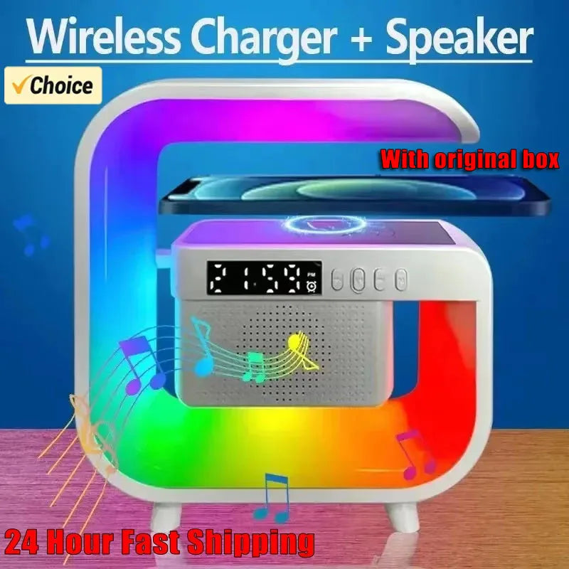 Multifuncional carregador sem fio suporte bluetooth 5.0 alto-falante fm tf rgb luz noturna estação de carregamento rápido para iphone samsung xiaomi