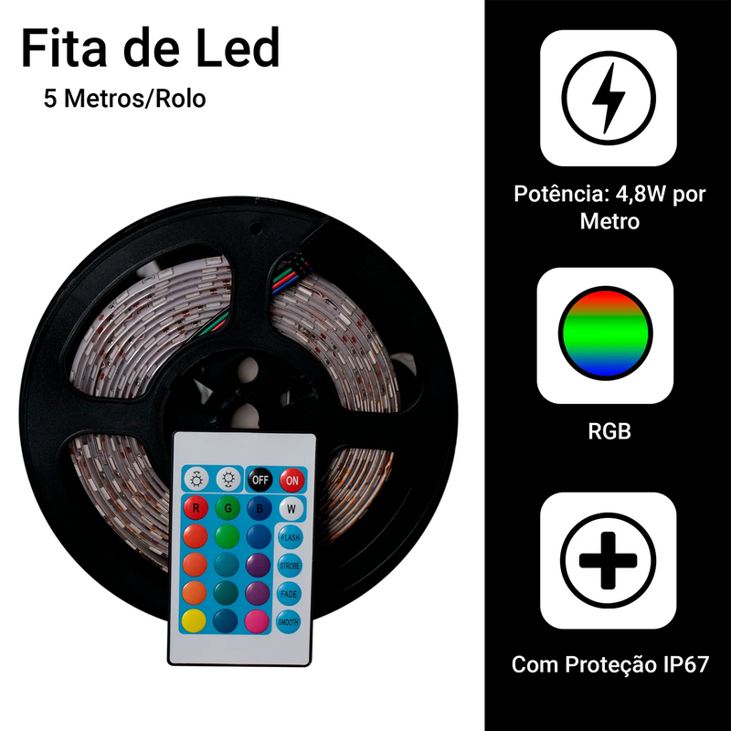 Rolo de Fita Led 5050 Rgb 5m Ip65 + Controle + Fonte 12v Bivolt